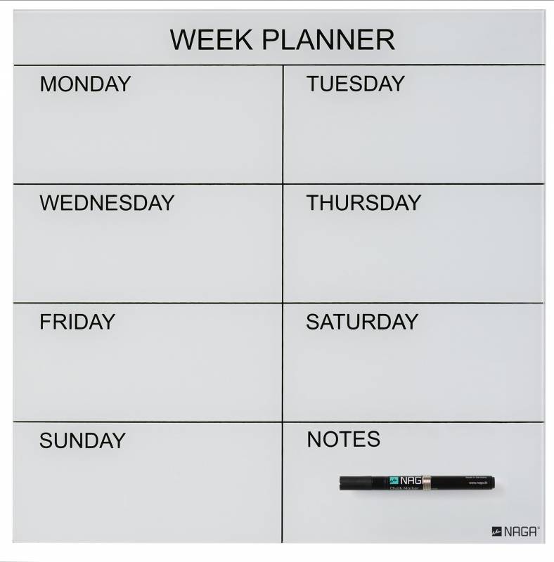 45 x 45 cm. White. Glass week planner English 45 x 45 cm. White. Glass week planner English