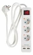 Stik 3-vejs m/jord 2xUSB-A (3x1,5mm²) 1,5m hvid