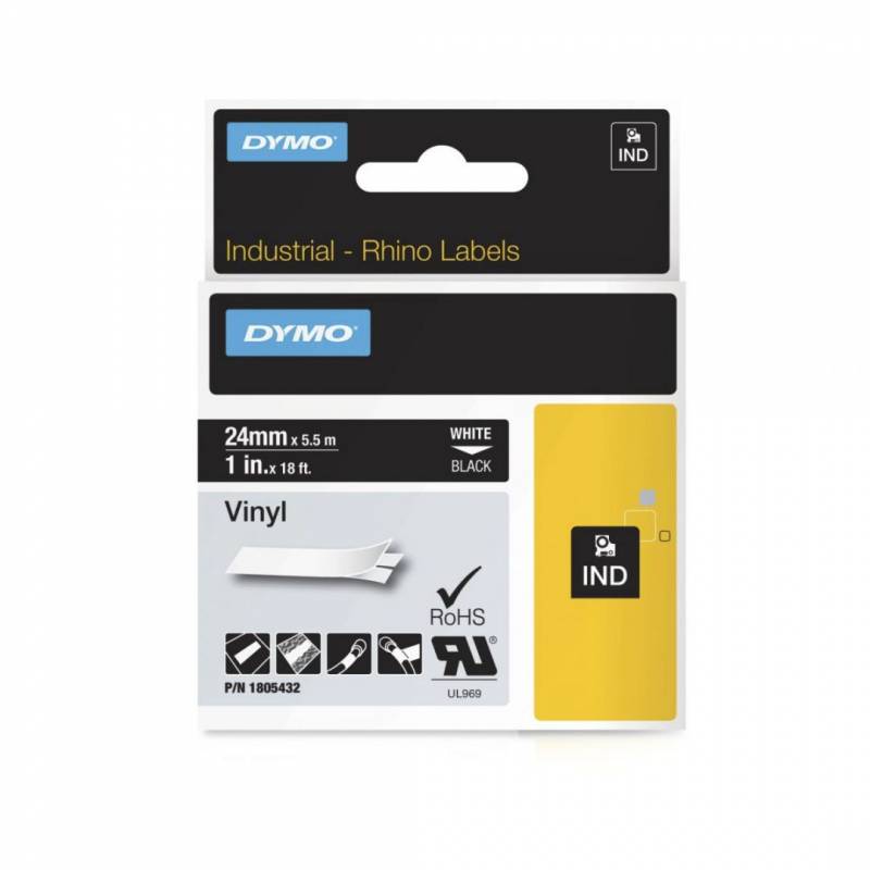 Tape Rhino 24mmx5,5m colour vinyl hvid p&aring; sort