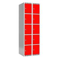 Garderobeskab SMG 5-delt 2x300mm med lige tag, røde døre og greb for hængelås