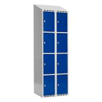 Garderobeskab SMG 4-delt 2x300mm med skråt tag, blå døre og greb for hængelås