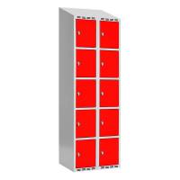 Garderobeskab SMG 5-delt 2x300mm med skråt tag, røde døre og greb for hængelås