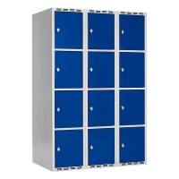 Garderobeskab SMG 4-delt 3x400mm med lige tag, blå døre og greb for hængelås