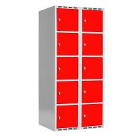 Garderobeskab SMG 5-delt 2x400mm med lige tag, røde døre og greb for hængelås