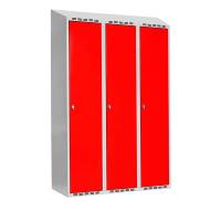 Garderobeskab SMG 3x400mm med skråt tag, røde døre og greb for hængelås