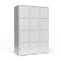 Garderobeskab 3x400 mm m/lige tag, 4 rum i højden og lys grå dør m/cylinderlås