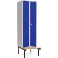 GarderobeSkab 2x300mm m/lige tag, blå dør med greb for hængelås og siddebænk