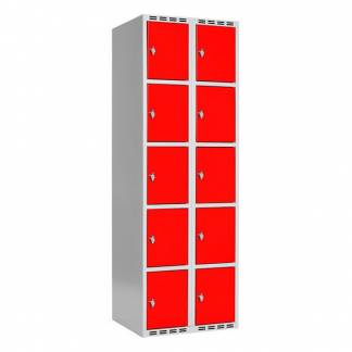 Garderobeskab SMG 5-delt 2x300mm med lige tag, røde døre og greb for hængelås
