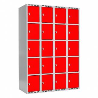 Garderobeskab SMG 5-delt 4x300mm med lige tag, røde døre og greb for hængelås