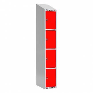 Garderobeskab SMG 4-delt 1x300mm med skråt tag, røde døre og greb for hængelås