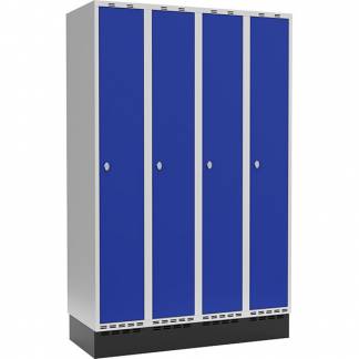 GarderobeSkab 4x300mm m/lige tag, blå dør med greb for hængelås og sokkel