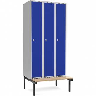 GarderobeSkab 3x300mm m/lige tag, blå dør med greb for hængelås og siddebænk