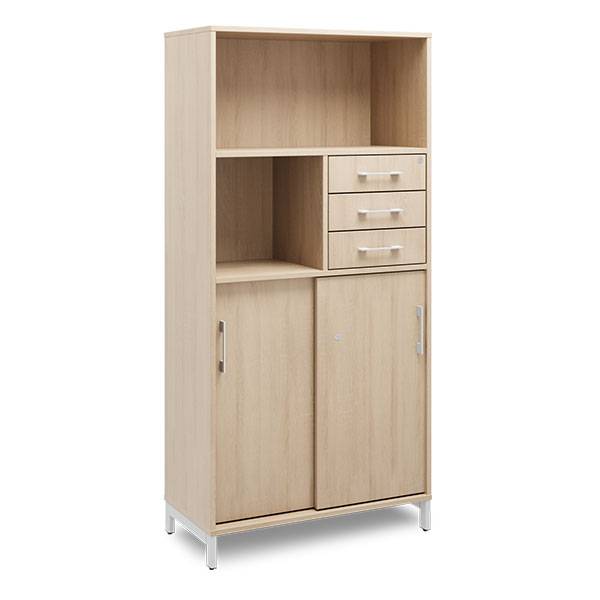 Kontorskab DNA, 800x1660 mm, Eg/Alugr&aring;, skyded&oslash;r og skuffemodul 4A4/2A4
