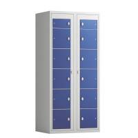 T&oslash;judleveringsskab 2x6 rum med lige tag og bl&aring; d&oslash;re med greb f/h&aelig;ngel&aring;s