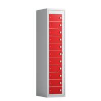 Tøjudleveringsskab 1x11 rum med lige tag og røde døre med greb f/hængelås