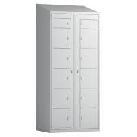 T&oslash;judleveringsskab 2x6 rum med skr&aring;t tag og lys gr&aring; d&oslash;re med greb f/h&aelig;ngel&aring;s