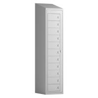 T&oslash;judleveringsskab 1x11 rum med skr&aring;t tag og lys gr&aring; d&oslash;re med greb f/h&aelig;ngel&aring;s