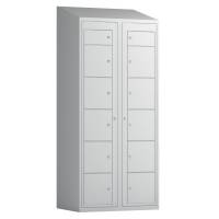 T&oslash;judleveringsskab 2x6 rum med skr&aring;t tag og lys gr&aring; d&oslash;re med cylinderl&aring;s