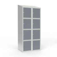 Skoleskab 2x400 Skr&aring;t tag 4 rum i h&oslash;jden Lys gr&aring; laminatd&oslash;r Greb for h&aelig;ngel&aring;s