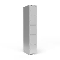 Garderobeskab 1x300 mm m/lige tag, 5 rum i højden og lys grå dør m/cylinderlås