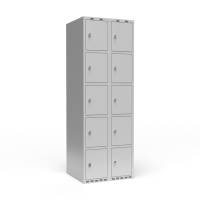 Garderobeskab 2x300 mm m/lige tag, 5 rum i højden og lys grå dør m/greb for hængelås