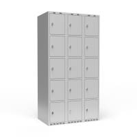 Garderobeskab 3x300 mm m/lige tag, 5 rum i højden og lys grå dør m/greb for hængelås