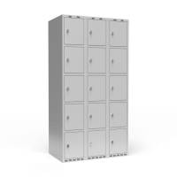 Garderobeskab 3x300 mm m/lige tag, 5 rum i h&oslash;jden og lys gr&aring; d&oslash;r m/greb for h&aelig;ngel&aring;s