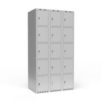 Garderobeskab 3x300 mm m/lige tag, 5 rum i h&oslash;jden og lys gr&aring; d&oslash;r m/greb for h&aelig;ngel&aring;s