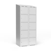 Garderobeskab 2x400 mm m/skråt tag, 5 rum i højden og lys grå dør m/cylinderlås