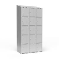 Garderobeskab 3x300 mm m/skråt tag, 5 rum i højden og lys grå dør m/cylinderlås