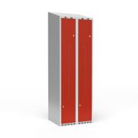 Garderobeskab 2x300 mm Skr&aring;t tag 2-delt s&oslash;jle Z-d&oslash;r R&oslash;d d&oslash;r Cylinderl&aring;s