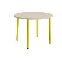Bord Add 590, Ø1200 mm, højde 900 mm, lyddæmpende hvidpigmenteret eg laminat på gult stel