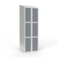 Skoleskab 2x300 Skr&aring;t tag 3 rum i h&oslash;jden Lys gr&aring; laminatd&oslash;r Greb for h&aelig;ngel&aring;s