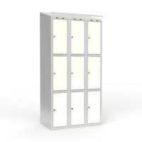 Skoleskab 3x300 Skr&aring;t tag 3 rum i h&oslash;jden Hvid laminatd&oslash;r Greb for h&aelig;ngel&aring;s