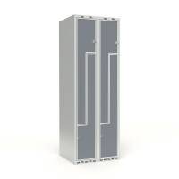 Skoleskab 2x300 Lige tag, Z-d&oslash;r Gr&aring; laminatd&oslash;r Greb for h&aelig;ngel&aring;s