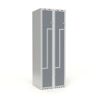 Skoleskab 2x300 Lige tag, Z-d&oslash;r Gr&aring; laminatd&oslash;r Greb for h&aelig;ngel&aring;s