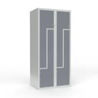 Skoleskab 2x400 Lige tag, Z-d&oslash;r Gr&aring; laminatd&oslash;r Greb for h&aelig;ngel&aring;s