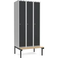 Garderobeskab 3x300mm m/lige tag, antracit d&oslash;r med cylinderl&aring;s og siddeb&aelig;nk