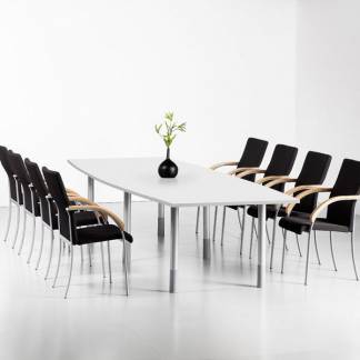 Konferencebord Consensus, Hvid 2800x1000 mm b&aring;dformet, Alugr&aring; understel