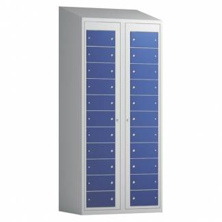 T&oslash;judleveringsskab 2x11 rum med skr&aring;t tag og bl&aring; d&oslash;re med cylinderl&aring;s