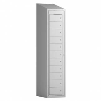 T&oslash;judleveringsskab 1x11 rum med skr&aring;t tag og lys gr&aring; d&oslash;re med cylinderl&aring;s