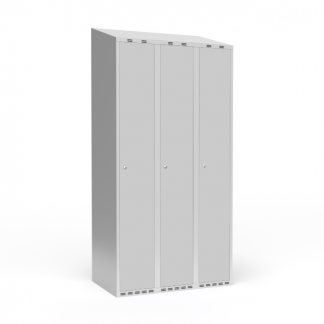 Garderobeskab 3x300 mm m/skråt tag, 1 rum i højden og lys grå dør m/cylinderlås
