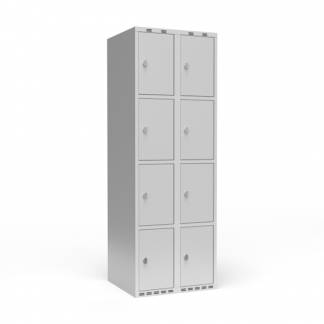 Garderobeskab 2x300 mm m/lige tag, 4 rum i højden og lys grå dør m/greb for hængelås