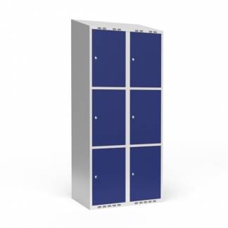 Garderobeskab 2x400 mm Skråt tag 3 rum i højden Blå dør Cylinderlås