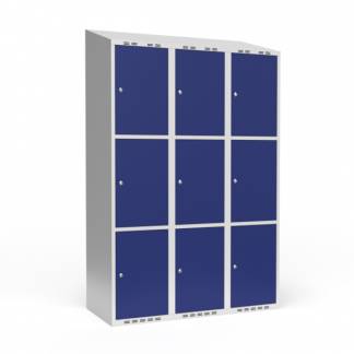 Garderobeskab 3x400 mm Skråt tag 3 rum i højden Blå dør Cylinderlås
