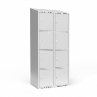 Garderobeskab 2x400 mm m/skråt tag, 4 rum i højden og lys grå dør m/cylinderlås