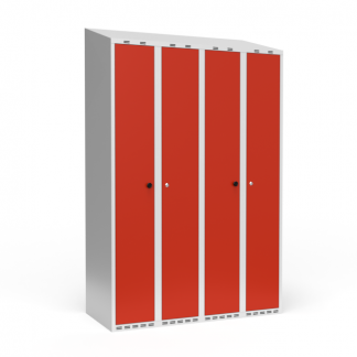 Dobbeltskab/parskab 300+300 mm Skråt tag 4-søjlet Parvis lås Rød dør Cylinderlås