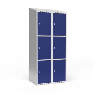 Garderobeskab 2x400 mm Skråt tag 3 rum i højden Blå dør Greb for hængelås
