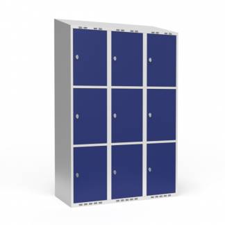 Garderobeskab 3x400 mm Skråt tag 3 rum i højden Blå dør Greb for hængelås