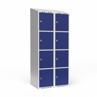 Garderobeskab 2x400 mm Skråt tag 4 rum i højden Blå dør Greb for hængelås